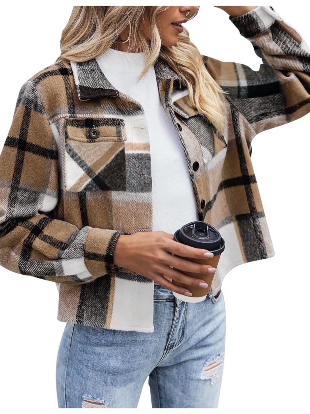 Women's Brown Cropped Fashion Plaid Fall Coat Button Down Trendy Crop Jacket
